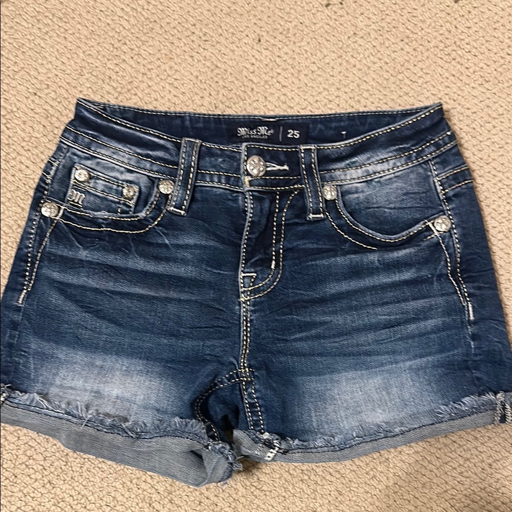 Miss Me Vintage Low-Rise Blue Jean Shorts with Distressed Details